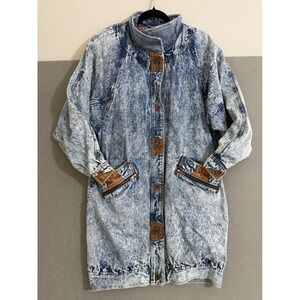 Vtg‎ Acid Wash Denim Jacket Longline 80s Oversized Blue M bubble hem leather